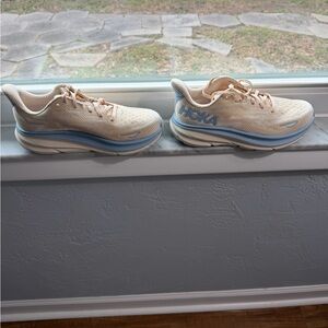 Hoka Beige and Light Blue Sneakers